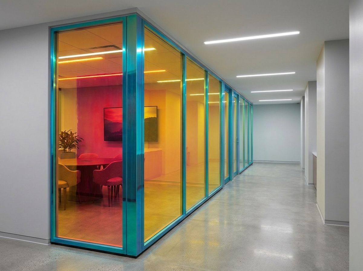 The same partition wrapped in color-shifting dichroic film
