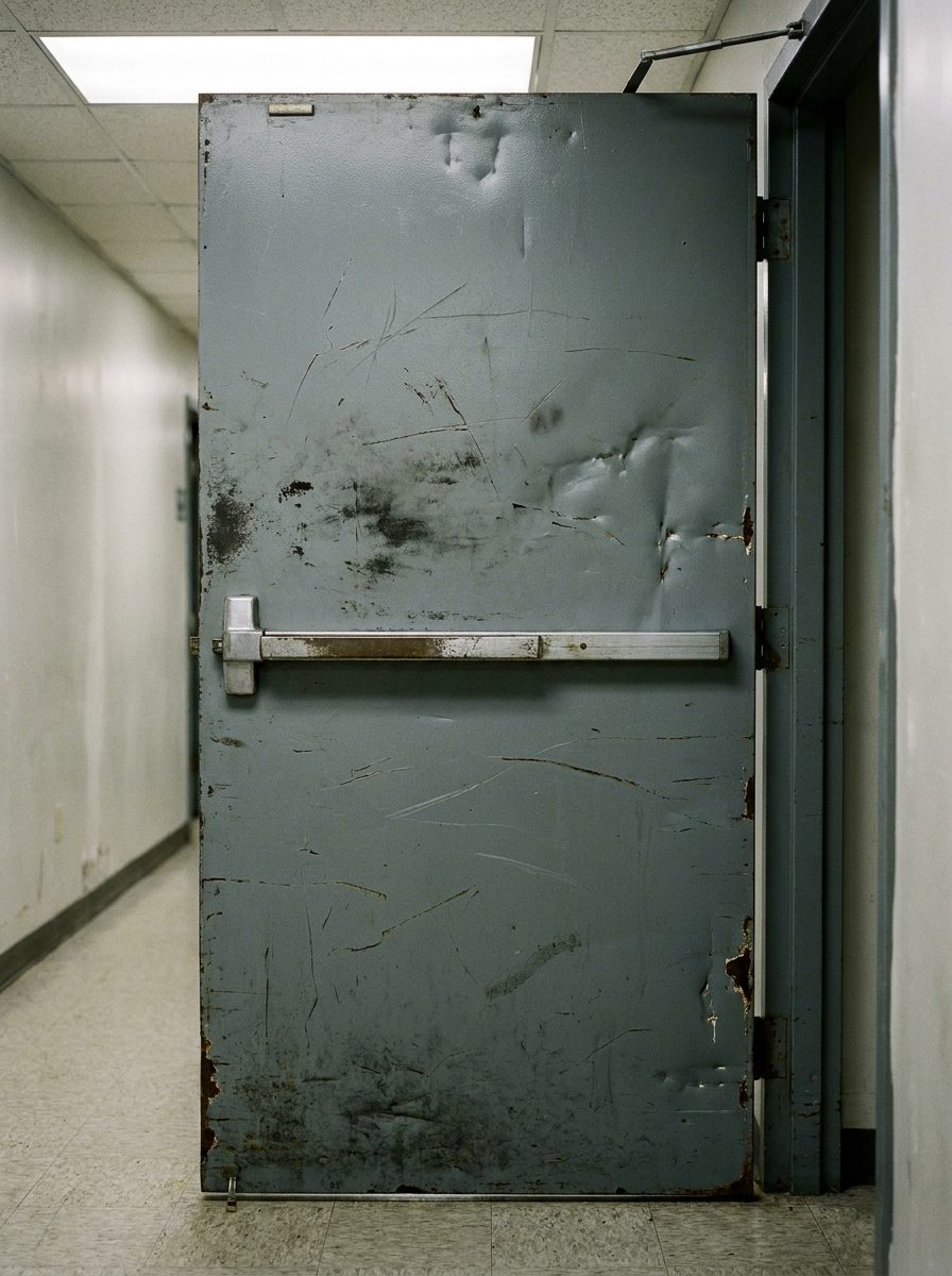 Scratched, dented commercial fire door before DI-NOC film