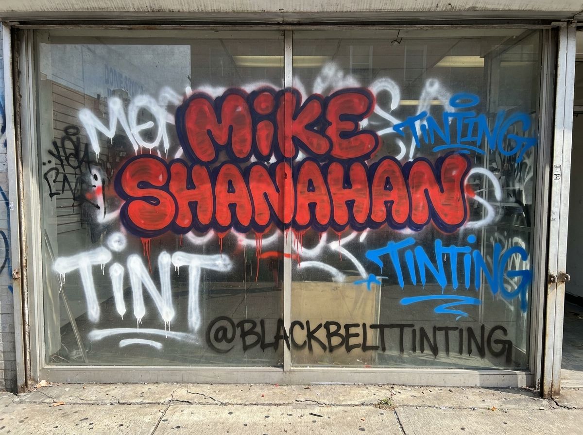 Illustration: the same storefront glass covered in spray-paint tags