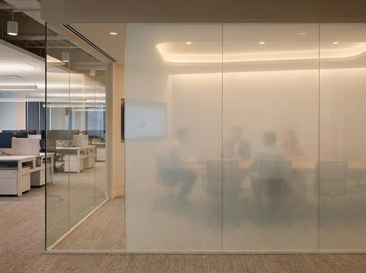 The same conference room with smart film switched to frosted private