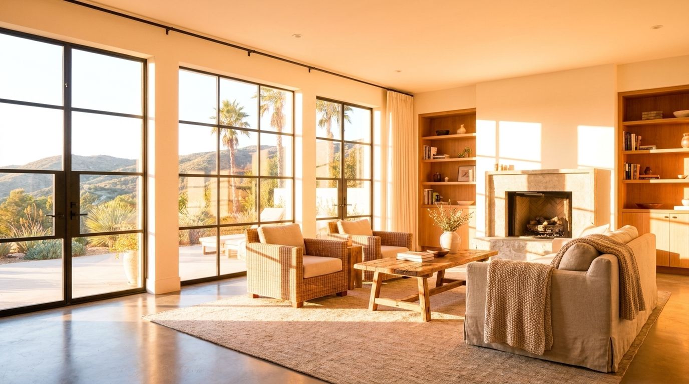 Illustration: living room blasted by harsh afternoon glare without solar film