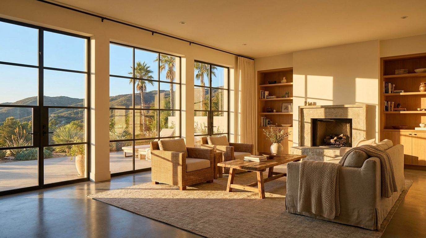 Illustration: the same living room with solar film — balanced comfortable light